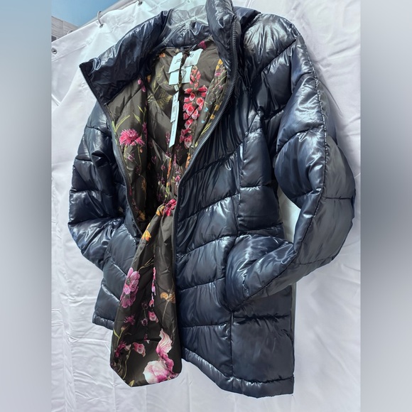 Jason Wu Jackets & Blazers - Jason Wu Navy Shiny Metallic Puffer Jacket with Floral Interior and storage bag